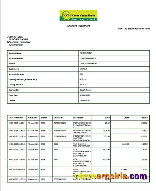 India Karur Vysya Bank account statement Word and PDF